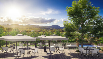Fototapeta na wymiar Terrace-Restaurant Area with Outdoor Greening at a Swimming Pool - 3D Visualization