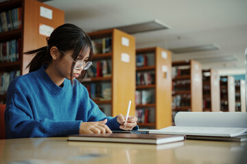 Girl student with stylus leaning on hand and browsing data on tablet while sitting at table doing...