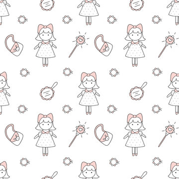 Seamless vector pattern baby doll in doodle style.