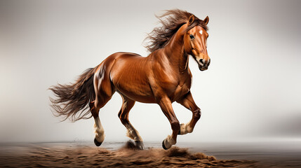 strong wild horse running on white and gray background with studio light.
