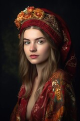studio shot of an attractive young woman wearing a headdress