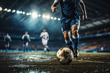 Soccer player kicks the ball with his feet in mod air during a soccer game on a professional outdoor soccer stadium