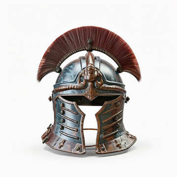Roman army helmet and gladiator isolated on white background. Its design is based on the duty of the military that wears it.