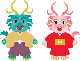 辰年のかわいい龍のカップルのイラストセット
