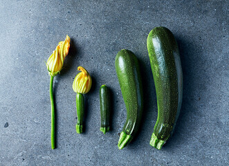 Freshly harvested organic  zucchini with flowers. Flat lay. Copy space 