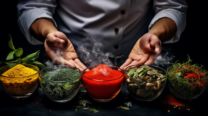 A set of bowls with Asian aromatic spices in the hands of a man. On a dark background.