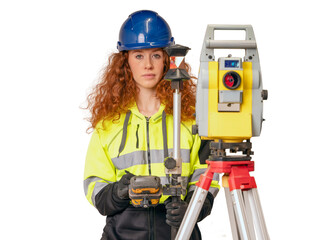 Red hair Woman in blue hardhat and yellow ppe surveyor working with modern surveying geodesic instrument tacho meter checking coordinates.  Young woman working in construction industry concept - obrazy, fototapety, plakaty