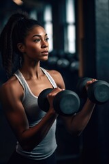 Fototapeta na wymiar shot of a sporty young woman lifting dumbbells while exercising inside