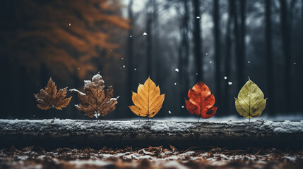 Colored autumn leaves against a backdrop of snow in an autumn forest.