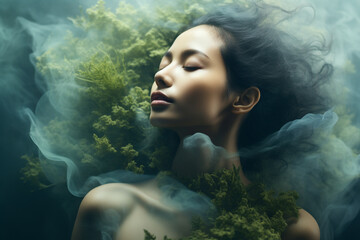 person surrounded by nature, emphasizing the synergy between environmental awareness and the pursuit of Asian perfect skin - obrazy, fototapety, plakaty