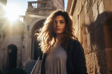 Naklejka premium Pensive female tourist in front of a landmark. Generative AI.