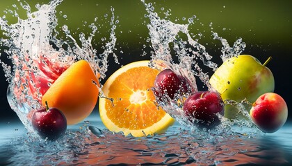 fruit splash fictitious in water JPG. Generative AI.