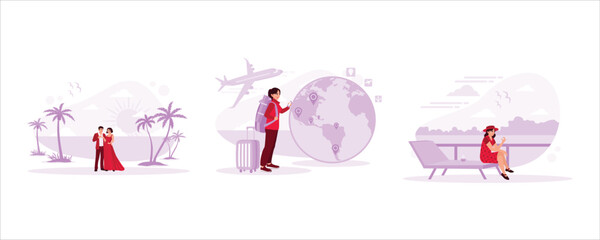 A newlywed couple is enjoying their honeymoon off the coast, a young man is preparing to travel around the world, and a young woman is sitting by the pool and enjoying the view of a luxury resort.