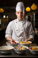 portrait of a young chef holding bowls with freshly made food