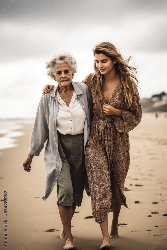 Sticker shot of a young woman and her mother walking on the beach