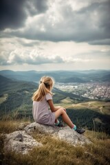 Naklejka premium shot of a young girl enjoying the view from a mountain