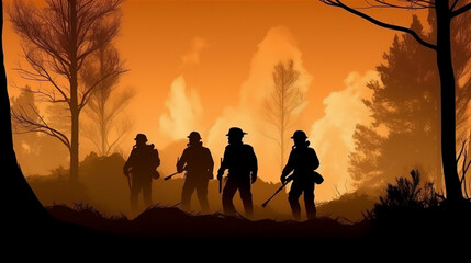 Fototapeta na wymiar Silhouettes of fire fighters in the Forest fire with trees on fire. Generative AI