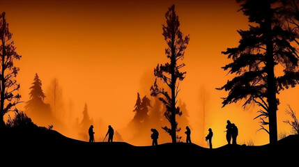 Silhouettes of fire fighters in the Forest fire with trees on fire. Generative AI