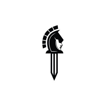 Spartan warrior symbol with sword, emblem. Spartan helmet with sword logo, Spartan helmet logo, Spartan Greek gladiator helmet logo