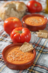 Spanish porra dish. Summer vegetarian dish, orange soup with sesame seeds and crackers, on a clay bowl, with tomatos and bread on the background, on a checkered cloth,