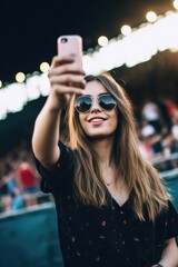 portrait of a young woman taking selfies while at a concert