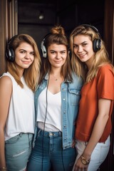 three attractive young women standing together enjoying the music