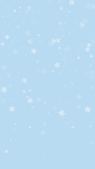 Snowy christmas background. Subtle flying snow flakes and stars on light blue winter backdrop. Delicate sweet snowy christmas. Vertical vector illustration.