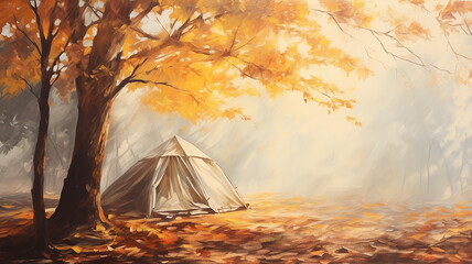 tourist tent in the autumn forest hiking adventure vacation in the autumn camp.