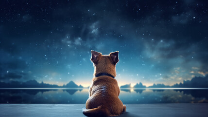 Fototapety  dog view from the back sitting and looking at the stars in the night sky.