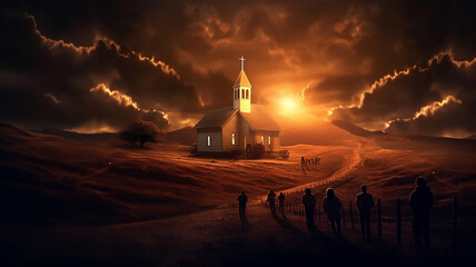 landscape sunset people go to a lonely church against the background of the sunset sky faith religion.