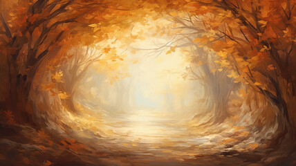 romantic landscape in the autumn fairy tale story of the forest, sun through the fog in a round arch of yellow trees.