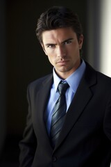 a handsome young businessman standing and looking at the camera