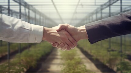 Close up of handshake between two men in against the background of a glass greenhouse with plant in row