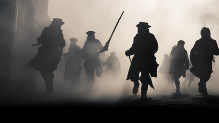 silhouettes of the crowd in the smoke on the street revolution riot.