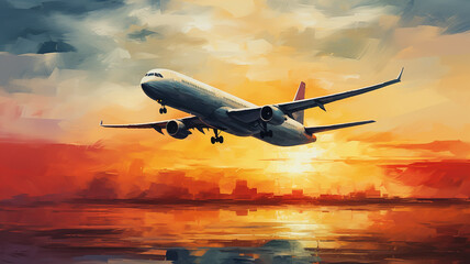 airplane against the sunset sky, flight, oil painting impressionism.