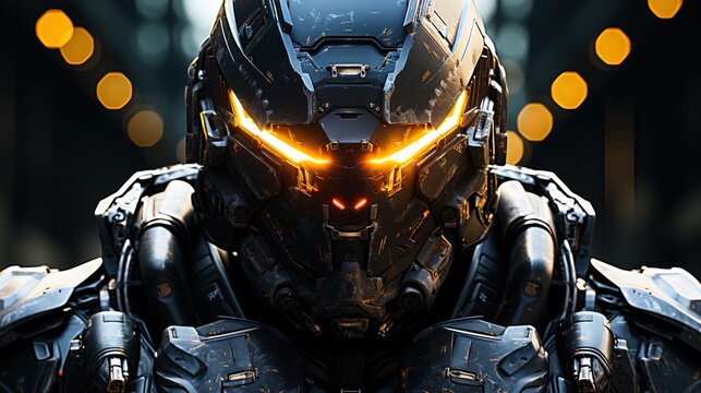 Cyborg in futuristic space suit. Futuristic cyborg. cyber warrior with a machine gun on a dark background. generative ai