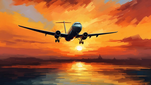 airplane against the sunset sky, flight, oil painting impressionism.