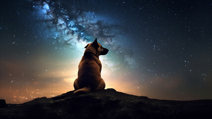 dog view from the back sitting and looking at the stars in the night sky.