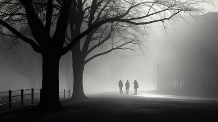 black and white silhouettes and shadows of people in the morning urban fog.