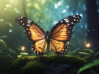 A delicate, iridescent butterfly fluttering through a sun-dappled forest