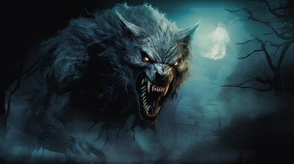  a scary wolf with glowing eyes in the dark forest with a full moon in the background.  generative ai