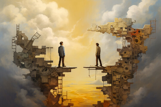 Two people on each side of broken bridge overlooking landscape