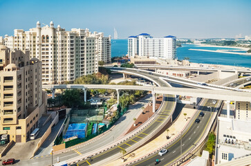 Fototapeta na wymiar Aerial view of the Palm Jumeirah, United Arab Emirates. Golden mile.