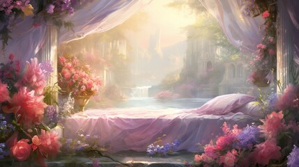  a painting of a bed in a garden with flowers and a waterfall.  generative ai