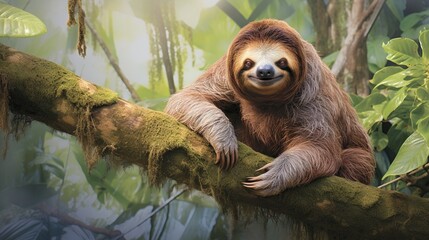 Fototapeta premium a brown and white sloth sitting on a tree branch. generative ai