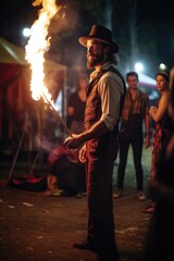 shot of a man standing next to a fire performer