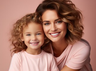 Happy modern and beautiful mother, she smiling with her baby. studio photos. pink background. created by generative AI technology.