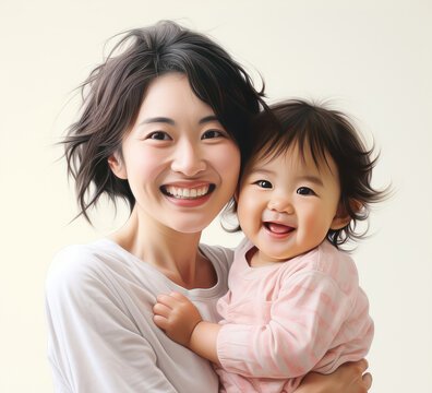 Japanese woman holds her baby with a beautiful smile. created by generative AI technology.