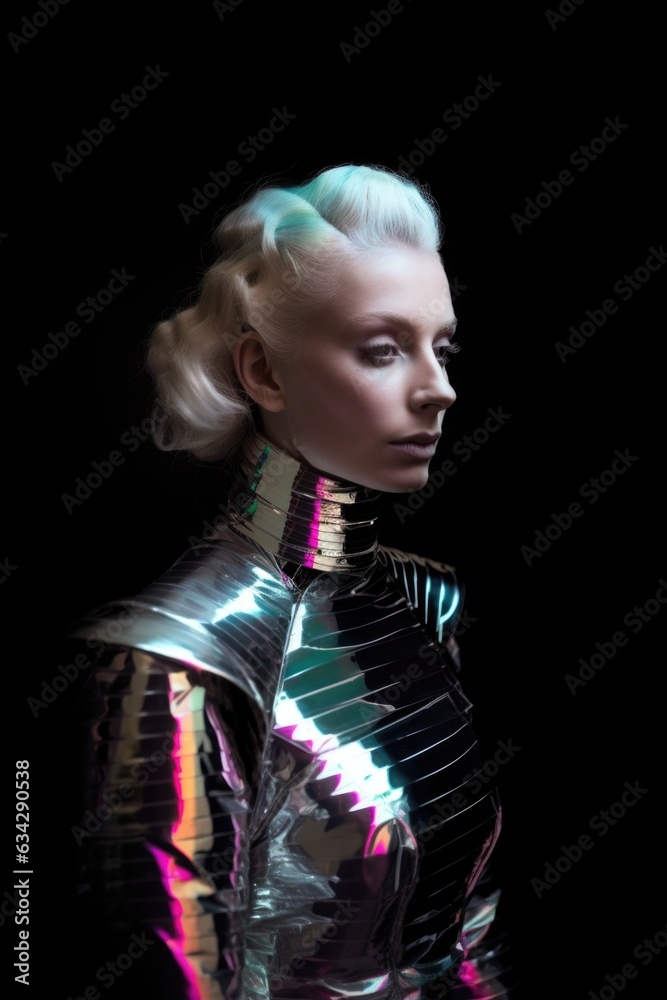 Canvas Prints studio shot of a futuristic woman wearing an outfit made out of holographic material against a dark background