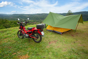Traveling by motorcycle, camping trip outside the city